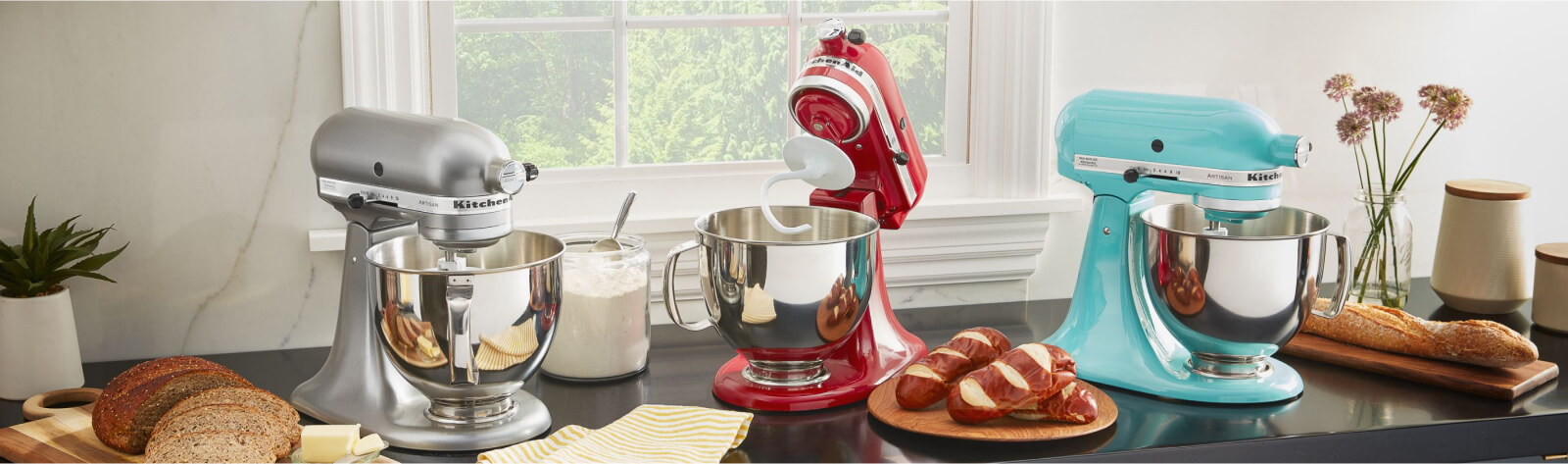 KitchenAid mixers on a counter